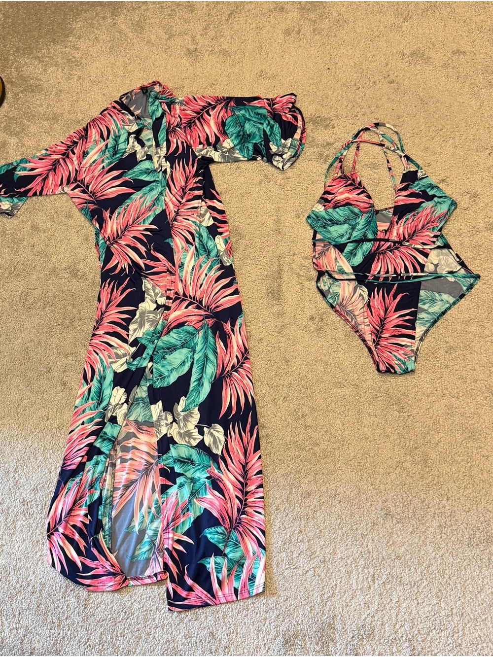 Fashion Nova Tropical Halter One-Piece Swimsuit in Navy, Pink & Teal